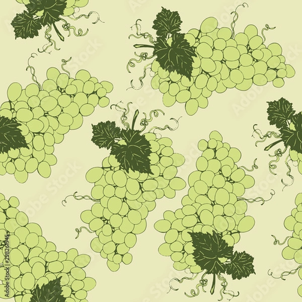 Fototapeta Vector seamless pattern with wonderful colorful tasty nice grape branches, hand-drawn in graphic, real-style at the same time. Season color green. Green leaf, beautiful vine. Healthy, juicy, fresh