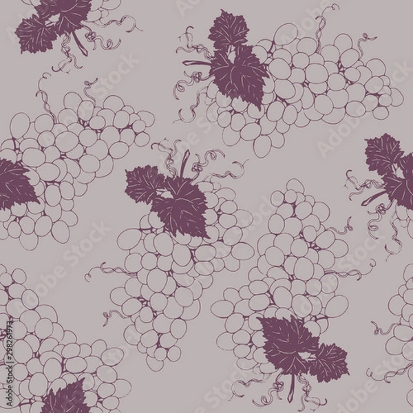 Fototapeta Vector seamless pattern with wonderful colorful tasty nice grape branches, hand-drawn in graphic, real-style at the same time. Purple outline. Green leaf, beautiful vine. The healthy, juicy, fresh