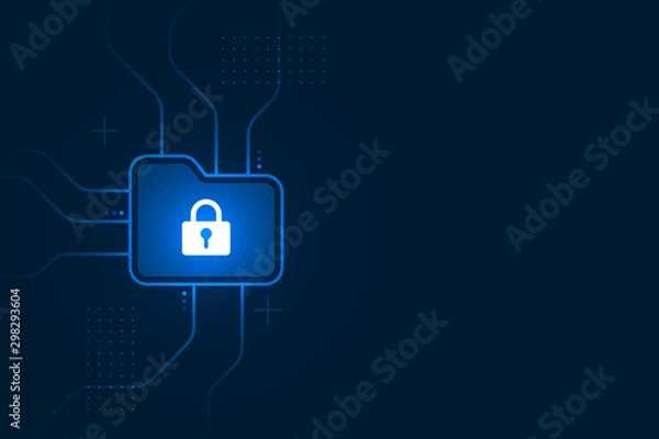 Fototapeta Cyber security illustration, lock file icon on circuit line, blue light on dark background copy space composition.