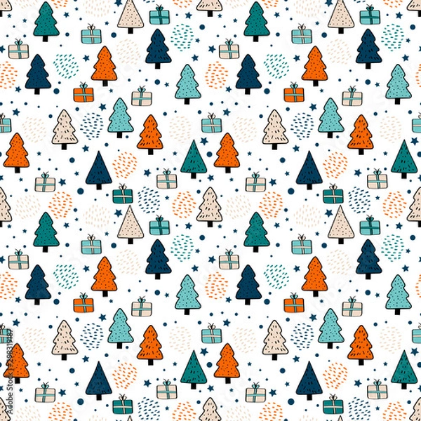 Fototapeta Vector colorful seamless pattern with christmas trees, snowflakes, fireworks and gift boxes	