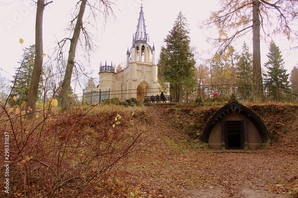 Fototapeta gothic cathedral in the autumn forest