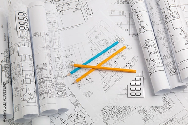 Obraz Electronics and Engineering. Pencil on printed drawings of electrical circuits