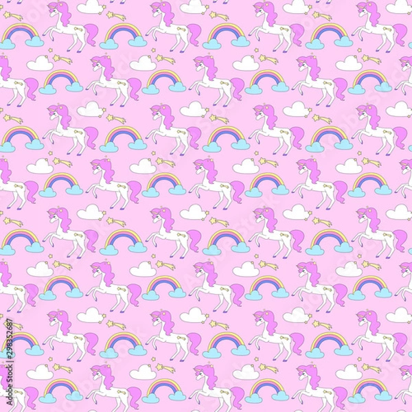 Obraz Beautiful unicorns and a rainbow. Seamless vector pattern. Pink background