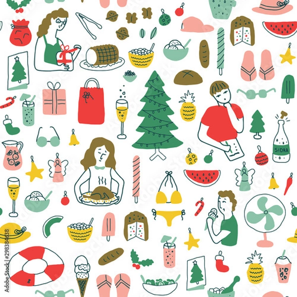 Fototapeta Latin american summer christmas, colorful seamless pattern, with people making preparations: lists, wrapping gifts, cooking. With christmas decorations, food, summer vacations and beach elements