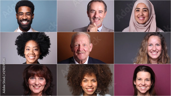 Fototapeta Group of 9 beautiful people in front of a background