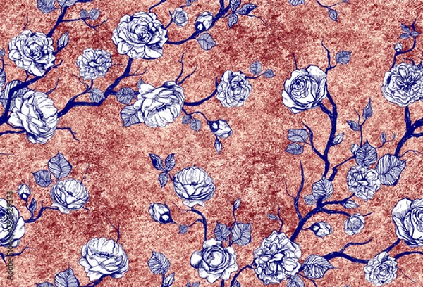 Fototapeta Hand drawn graphic floral pattern with blue roses and leaf on rust texture background