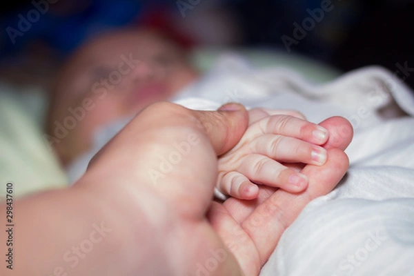 Fototapeta Father's hand holding the baby's hand, close view
