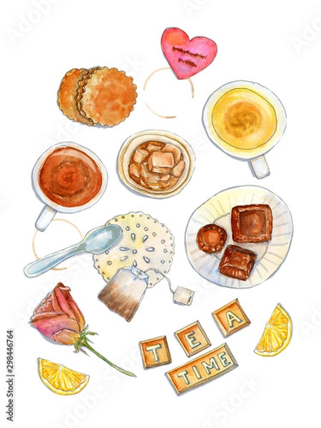 Fototapeta Romantic yellow and brown vertical flatlay tea time composition