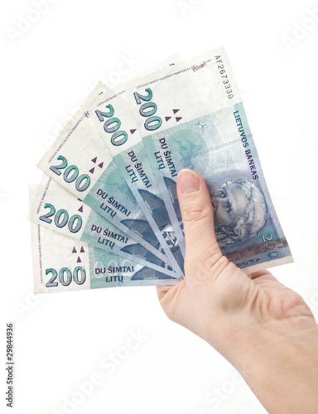 Obraz hand holading Lithuanian money litas banknotes