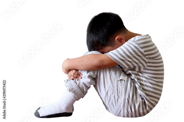 Obraz Asian boy bend down the head isolated on white background. Sad child and crying with sadness or problems.