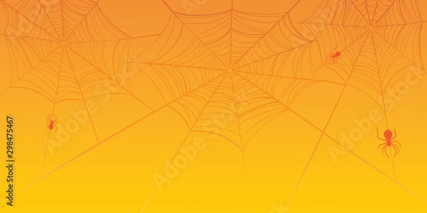 Fototapeta Orange Halloween banner with spiderweb and spiders. Vector background.
