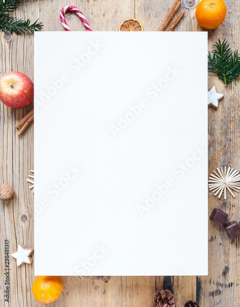 Obraz copy space, blank paper on wooden table with christmas decoration, winter, background