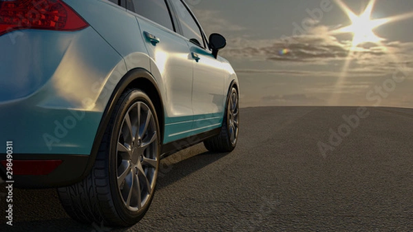 Fototapeta Samochód 3D sedan jest wart na drogowym renderowaniu 3D. Zbliżenie koła