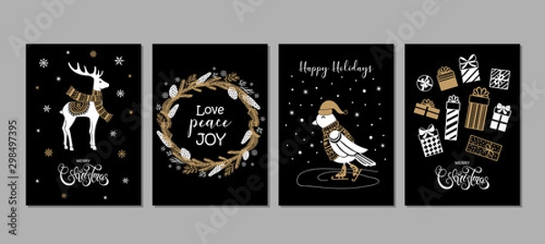 Fototapeta Happy New Year, Merry Christmas greeting cards set with bird, deer, gift boxes, fir tree wreath, calligraphy. Vector illustration.