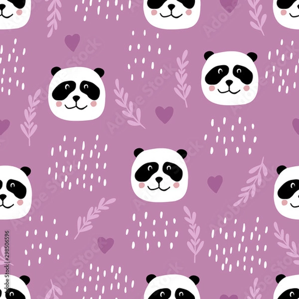 Fototapeta Cute seamless pattern with panda faces, plants and hearts. Background for kids with wild animals - panda. Vector illustration