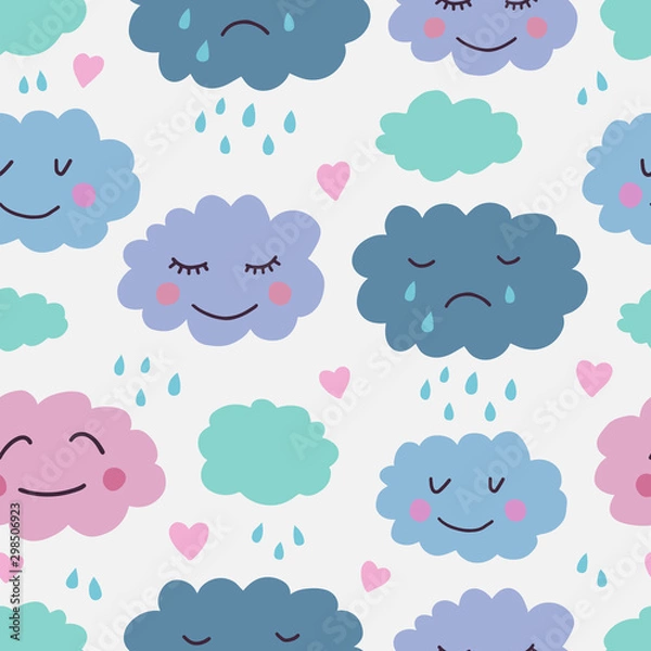 Fototapeta Cute hand drawn seamless pattern with clouds. Background for kids with smiling clouds. Vector illustration