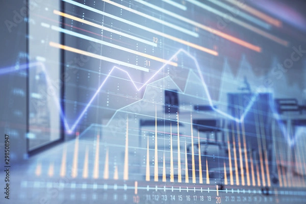 Fototapeta Stock market chart with trading desk bank office interior on background. Double exposure. Concept of financial analysis