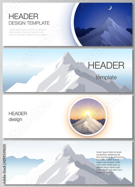 Fototapeta The minimalistic vector illustration of the editable layout of headers, banner design templates. Mountain illustration, outdoor adventure. Travel concept background. Flat design vector.