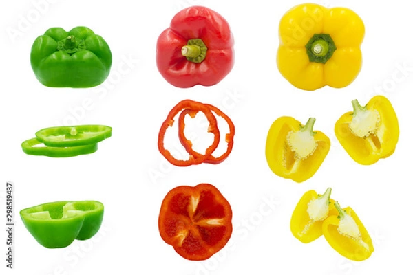 Fototapeta three fresh sweet pepper collection  isolated on white background with clipping path