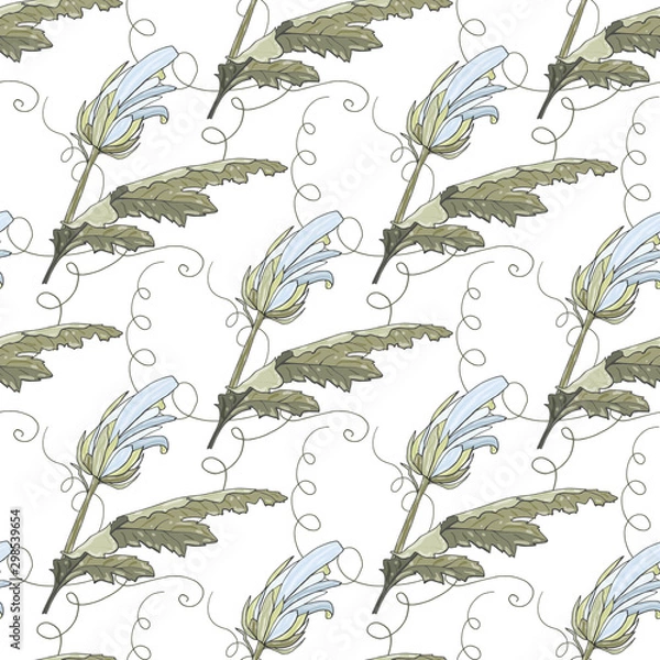 Fototapeta Seamless pattern with white buds of chrysanthemums and leaves. Endless texture for design.