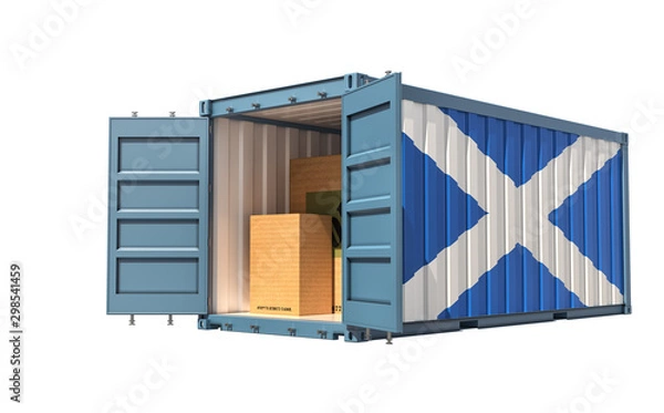 Fototapeta Freight Container with Scotland flag isolated on white - 3D Rendering