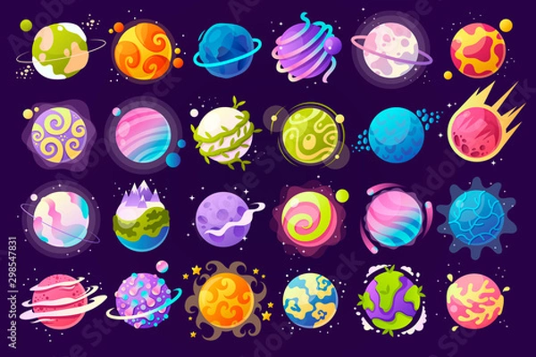 Fototapeta Wektor zestaw planet kreskówek. Kolorowy zestaw izolowanych obiektów. Tło kosmiczne. Fantazyjne planety. Kolorowy wszechświat. Design gry. EPS 10