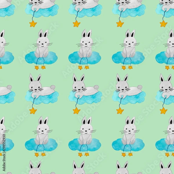 Fototapeta Seamless pattern of a Bunny on a cloud with stars on a string. Gentle baby pattern