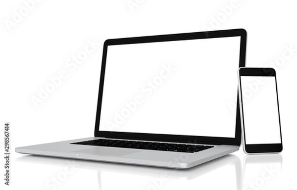 Fototapeta Laptop and smartphone with blank screen isolated on white background, clipping path, 3d rendering