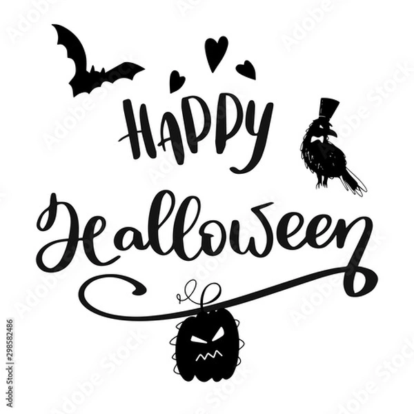 Fototapeta Happy halloween lettering phrase with heart, bat and crow illustratios. Vector