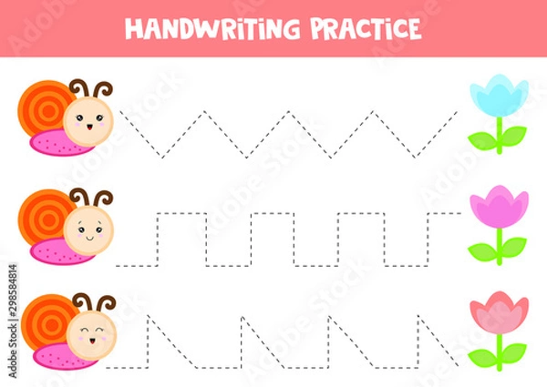 Fototapeta Educational worksheet for preschool kids. Tracing lines. Handwriting practice. Snails and flowers.