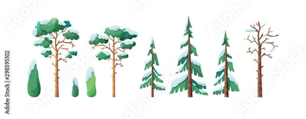 Obraz Snow-capped trees flat vector illustration set