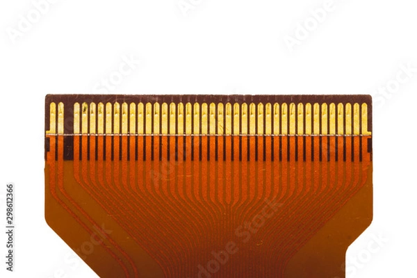 Fototapeta Flat ribbon cable isolated on white. flat connector with golden pins macro. connection detail of a circuit board