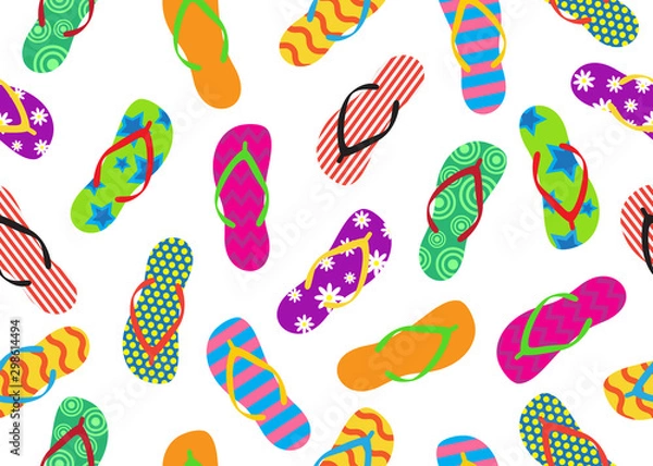 Fototapeta Seamless pattern of colorful flip flops set isolated on white background - Vector illustration