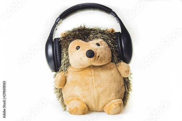 Fototapeta Plush hedgehog in the headphones. soft toy on a white background