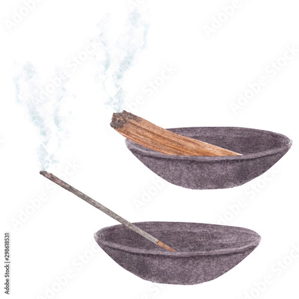 Fototapeta Set for aromatherapy. Watercolor hand drawn burning aromatic incense stick and palo santo wood in bowl isolated on white background. Meditation and relaxation elements. 