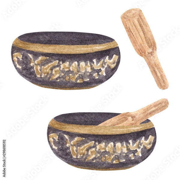 Fototapeta Tibetan singing bowl. Watercolor hand painted set with elements for meditation and relaxation isolated on white background