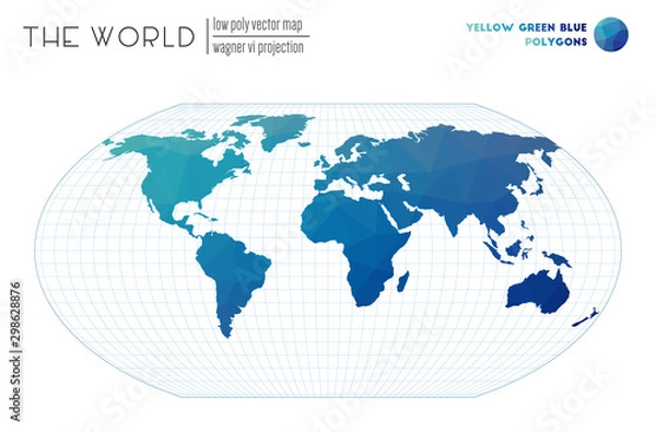 Fototapeta Polygonal map of the world. Wagner VI projection of the world. Yellow, Green, and Blue colored polygons. Elegant vector illustration.