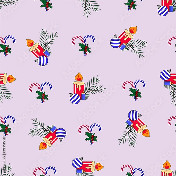 Fototapeta Cute festive pattern with elements for New Year and Christmas sweets, multi-colored packaging, sweets. Candles and Christmas tree branches.Vector illustration.