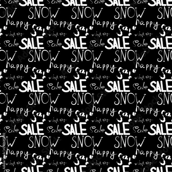 Fototapeta Seamless vector pattern illustration on a black background with white inscriptions,sale. For the use of fashion, clothes, prints, posters, graphics, fabrics, umbrellas and others.