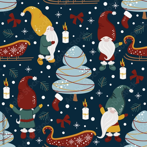 Fototapeta seamless pattern with gnomes and christmas night - vector illustration, eps