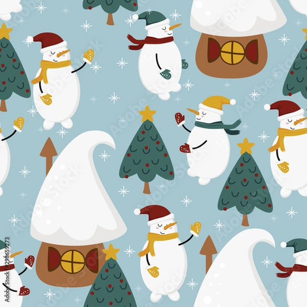 Fototapeta seamless pattern with snowmen and houses - vector illustration, eps