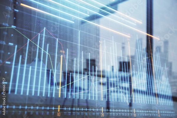 Fototapeta Business theme graph hologram with minimalistic cabinet interior background. Double exposure. Stock market concept.