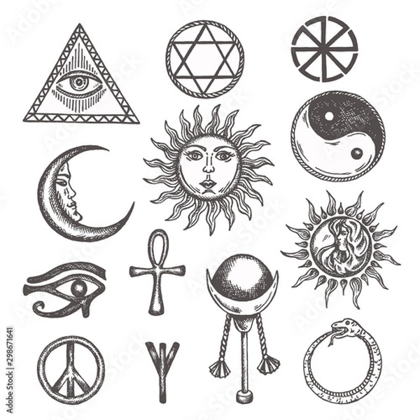 Fototapeta Icons and symbols of white magic, occult, mystic, esoteric, masons Eye of Providence. Hand drawn alchemy, religion, spirituality, occultism Sketch of mystery pentagram