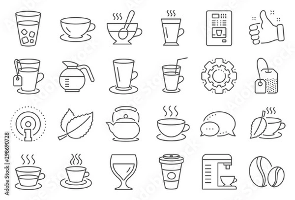 Fototapeta Coffee and Tea line icons. Set of Cappuccino, Juice with ice and Latte coffee cup icons. Teapot, Coffeepot and Hot drink with Steam. Mint leaf tea, Herbal beverage and Vending. Hot latte cup. Vector