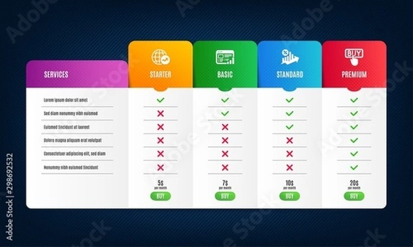 Fototapeta Web report, Loan percent and World statistics icons simple set. Price list, pricing table. Buying sign. Graph chart, Growth chart, Global report. E-commerce shopping. Finance set. Vector