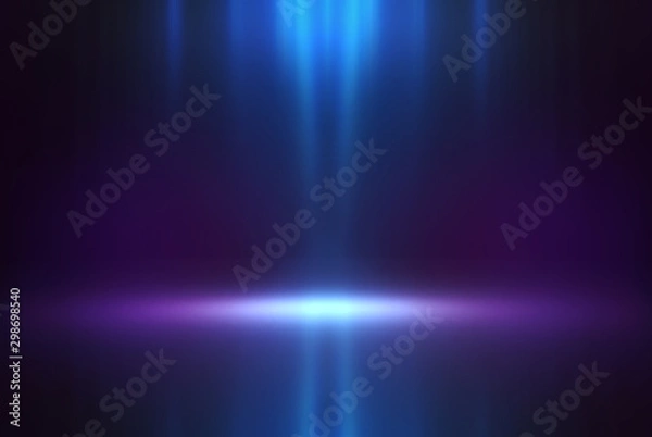 Fototapeta Empty background scene. Dark street reflection on wet asphalt. Rays of neon light in the dark, neon shapes, smoke. Background of an empty stage show. Abstract dark background.