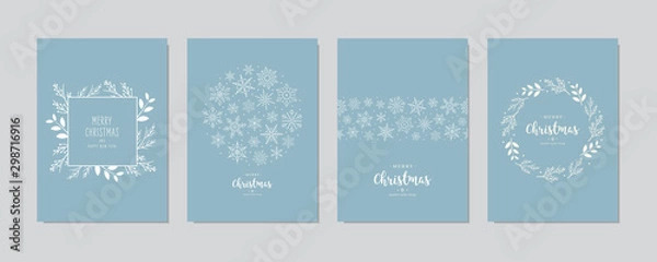 Fototapeta Merry Christmas modern elegant card set greetings fir pine branches and snowflakes on blue ice background