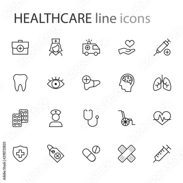 Fototapeta Healthcare outline icons collection on white background set. Vector eps10.