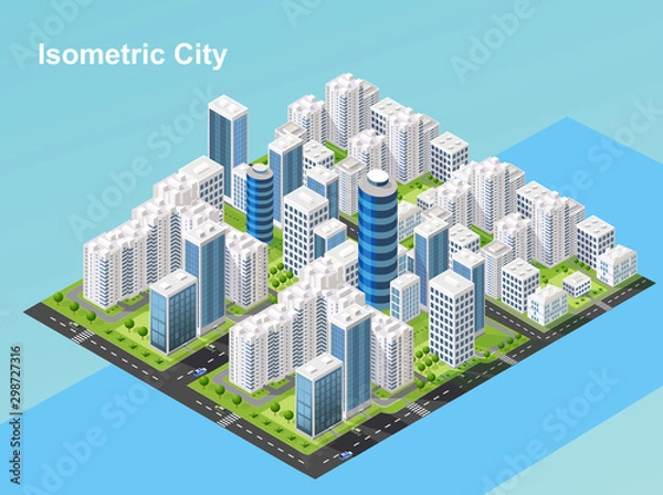 Obraz Isometric urban megalopolis top view of the city infrastructure town, street, houses, architecture 3d elements different buildings