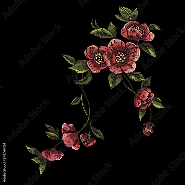 Obraz Embroidery meadow pattern with violet flowers. Vector embroidered floral patch